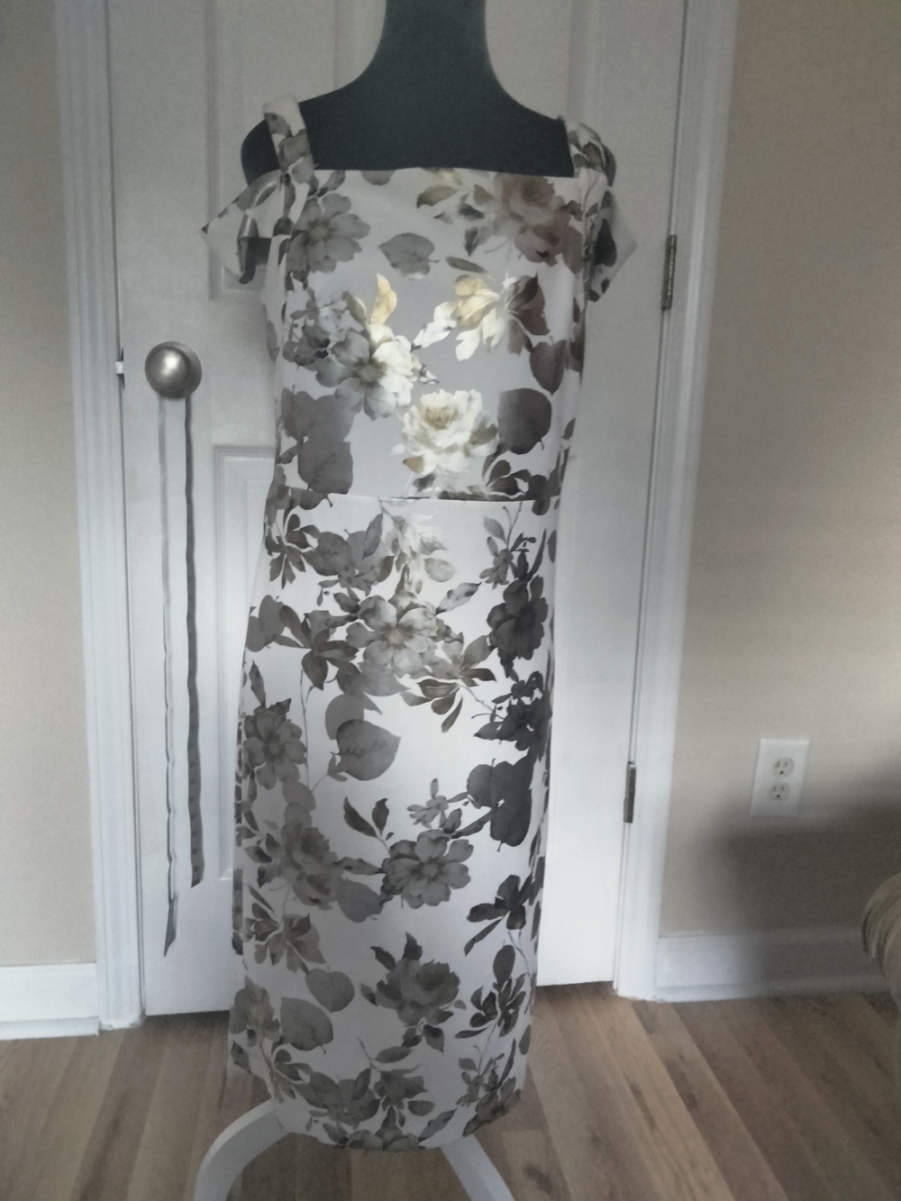 ECI White Midi Dress with Gold and Gray Floral Print